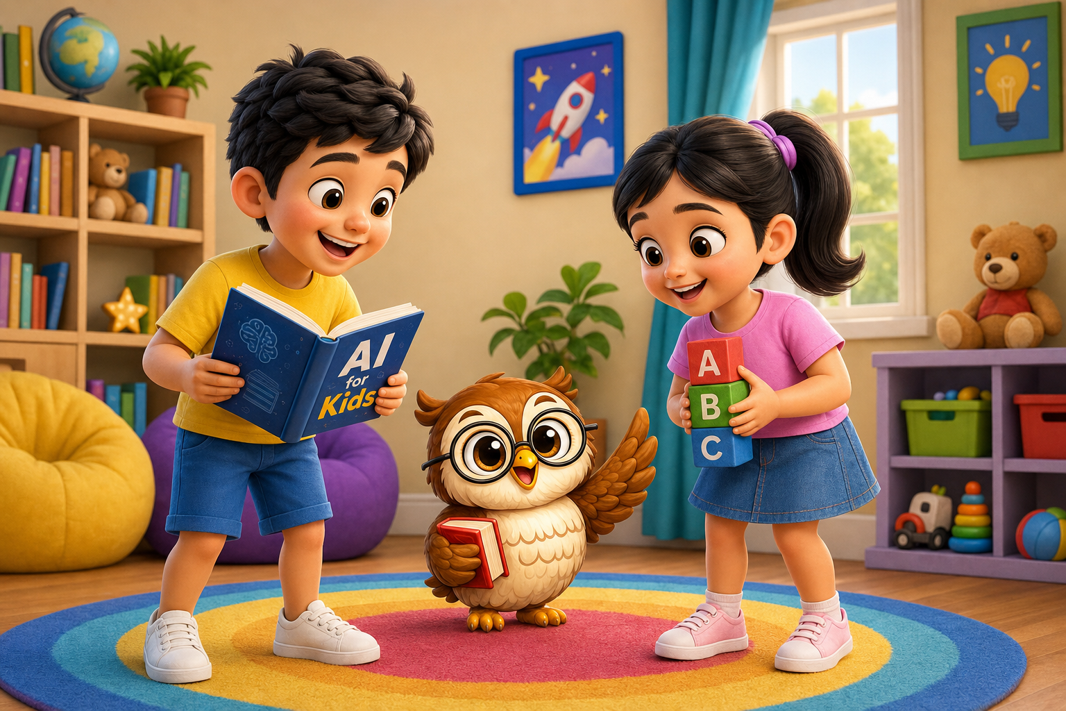 Nandu and Moksha learning together with the Word Jam owl mascot between them. Nandu holds the AI for Kids book.
